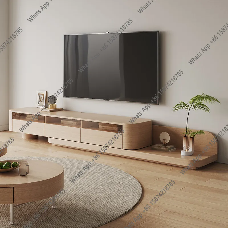 Nordic modern simple log color floor-to-ceiling TV cabinet household living room Japanese solid wood style telescopic TV cabinet