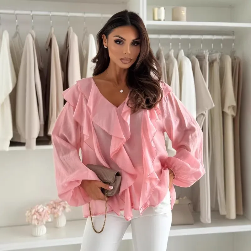 

2026 Summer Elegant Blouse for Women Translucent Ruffles Blouses Fashion V-neck Causal Tops Beach Vacation Style Solid Shirts