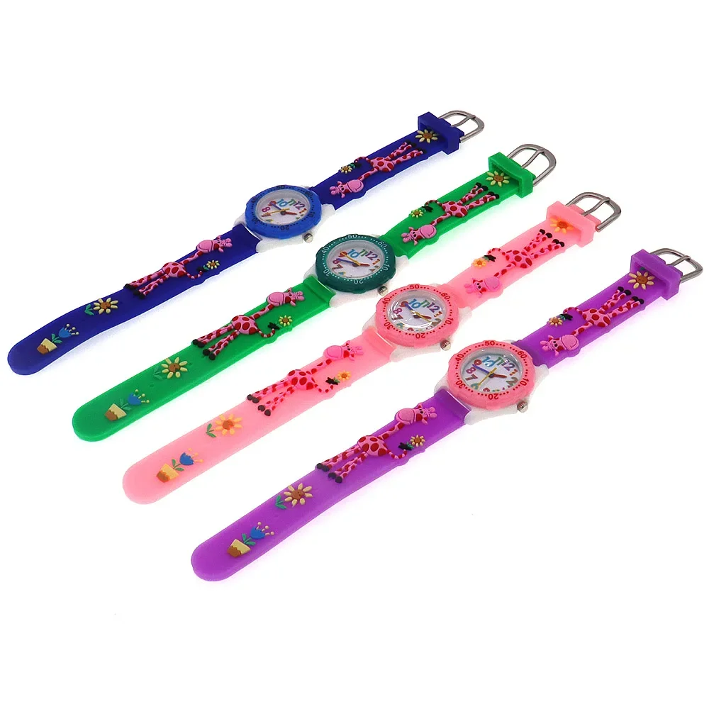 4Pcs Kids Colorful Mini Wrist Watch Set with Silicone Cartoon Giraffe Straps Children's Clock Accessory