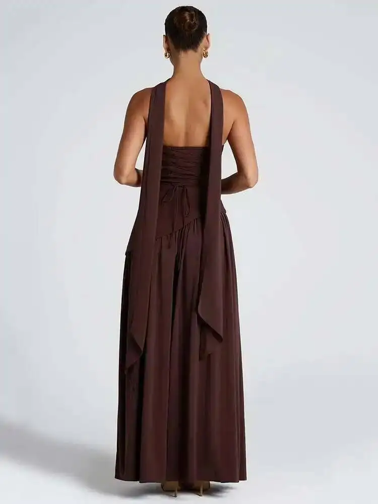 Robe Maxi Sexy sans bretelles, épaules dénudées, pour femmes, Patchwork, col écharpe, cuisse haute, fente, robe longue de soirée en boîte de nuit, hauts NOJ8