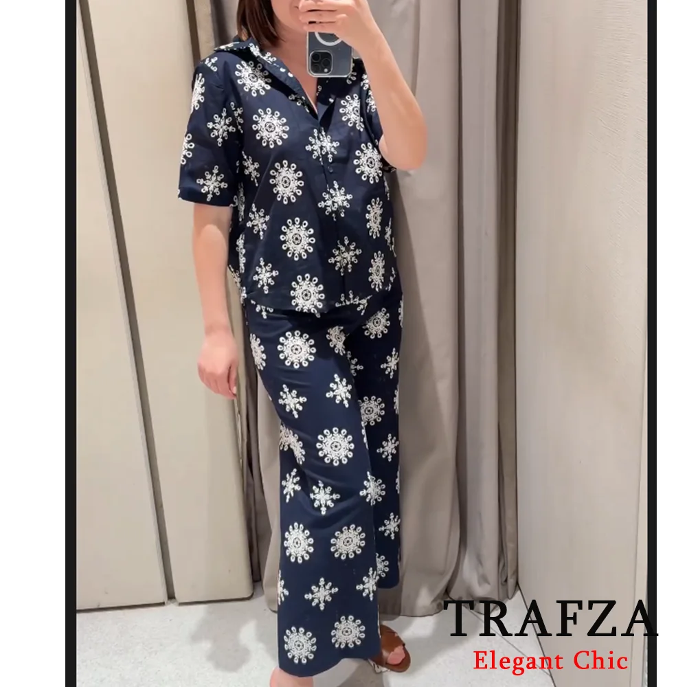 

TRAFZA Elegant Casual Embroidered Shirt Set Women's Short Sleeve Shirt with Pants New 2024 Summer Fasion Clashing Colours Set