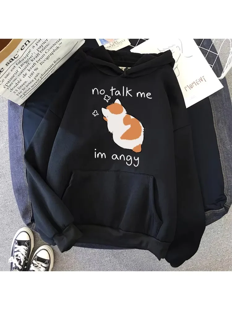 

Christmas gifts Cute angry cat print women's hoodie, hip-hop soft hoodie casual wool pullover, oversized wool women's streetwear