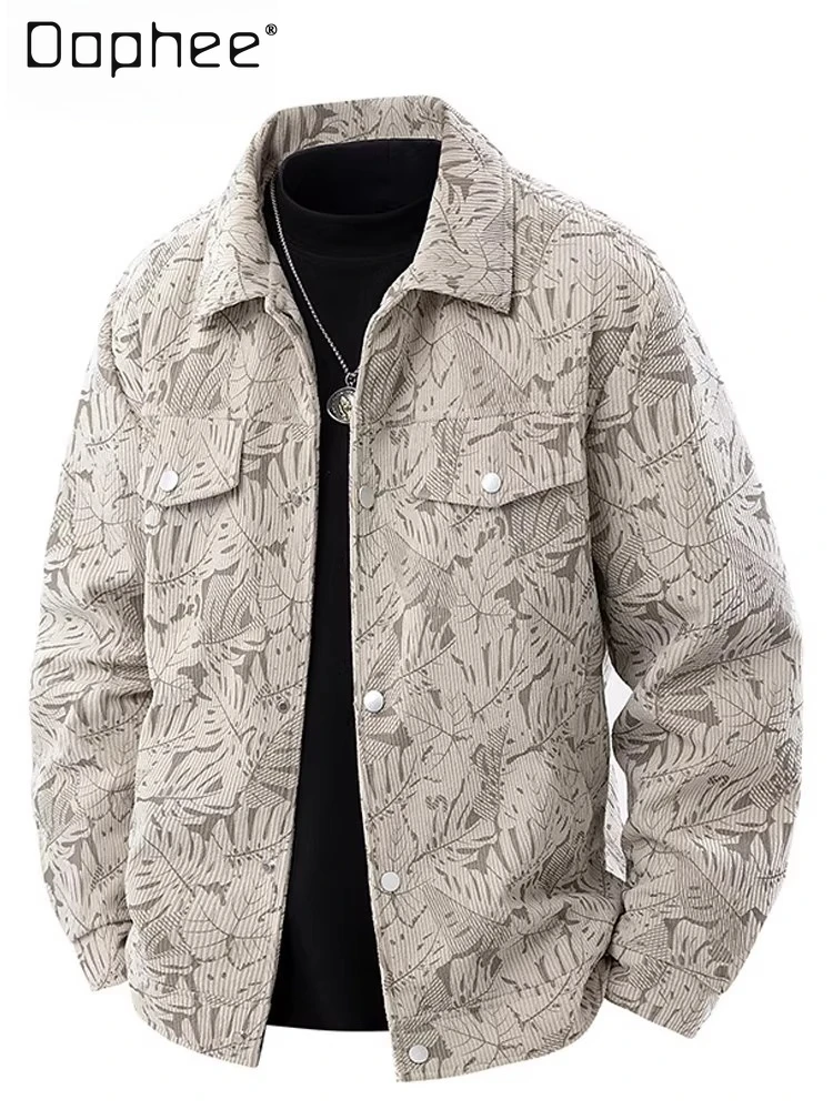 

Новинка весны и осени 2024, мужская свободная повседневная однобортная куртка с растительным принтом, черный, хаки, кофейный, с отложным воротником