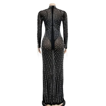 2025 New Women Mesh Tassel Long Sleeve Diamonds Hot Rhinestones Bodycon Midi Maxi Long Dress and Tank Inner Dresses 2piece Suit 5