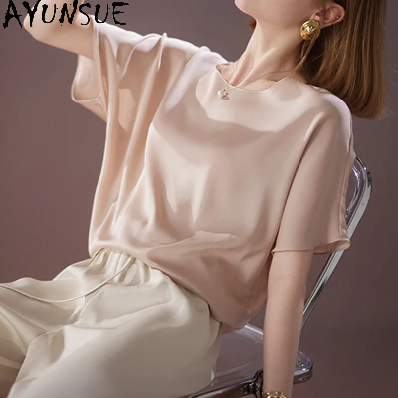 AYUNSUE 90% Mulberry Silk Women's T-shirts Short Sleeve Tops for Woman Casual Pink T Shirt Summer Clothes for Woman Топ Женский