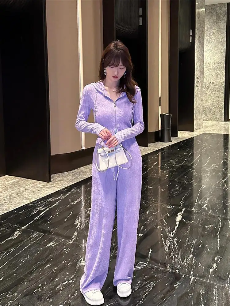 

Women Slim Fit Fashion 2026 Spring Summer Hooded Short Top Wide Leg Pants Youthful Slimming Two Piece Set