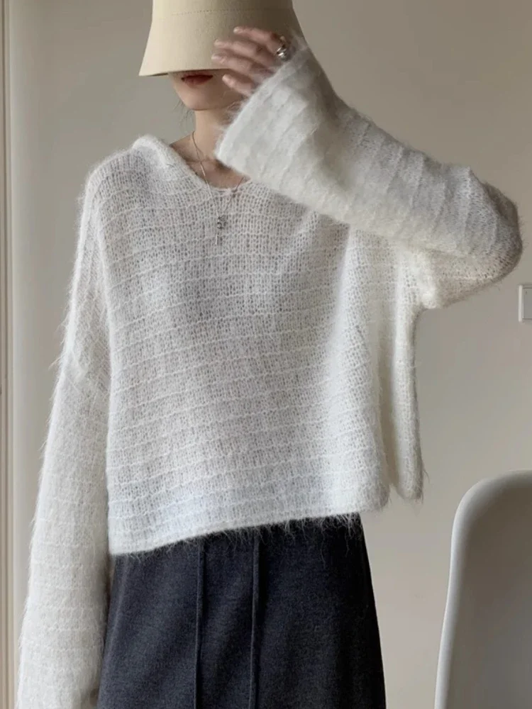 

Осень-зима 202, простые повседневные свободные пуловеры в корейском стиле, серый ленивый стиль, вязаный свитер с капюшоном, однотонные универсальные топы ﻿