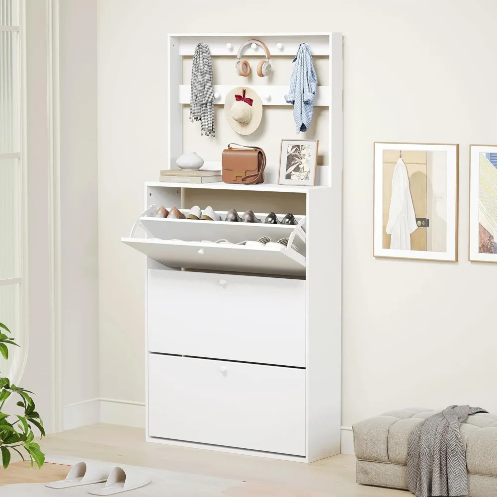 Adjustable Freestanding Shoe Storage Cabinet with 3 Drawers and 9 Hook Coat Rack