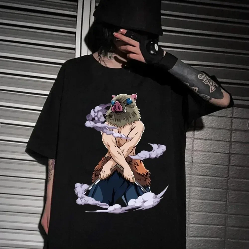 Men Clothing Anime T-shirt Demon Slayer Blade, hashihihihiira Innosuke Japanese Street Style Hip Hop Short Sleeve Oversized