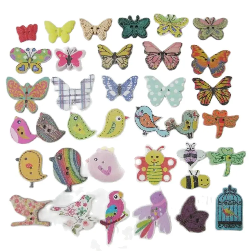 WBNSVS Fashion Wooden Butterfly Buttons Mixed 50Pcs DIY Sewing Scrapbooking Craft Accessories Button