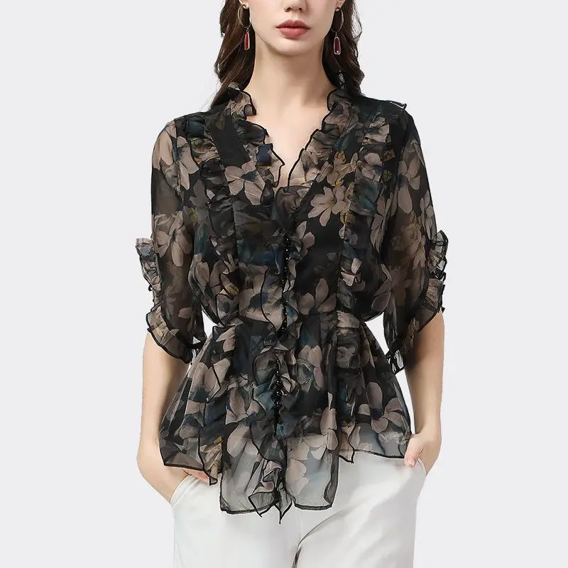 Floral Chiffon Shirt for Women in Spring and Autumn 2025 New and Popular Fashion Stylish Beautiful Small Shirt Long Sleeved Top