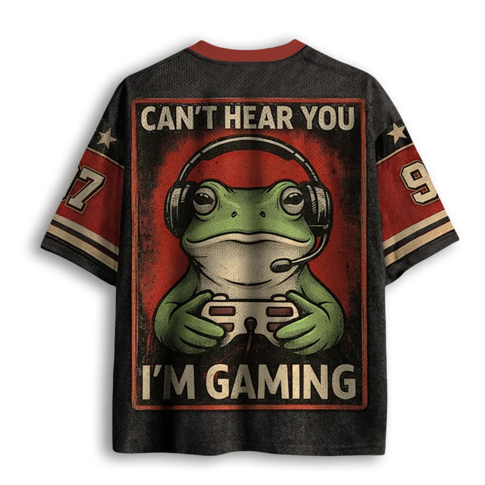 Vintage Gaming Frog Headset Controller Print Mesh V Neck Jersey, Short Sleeve Loose Breathable Funny Gamer Casual Tee