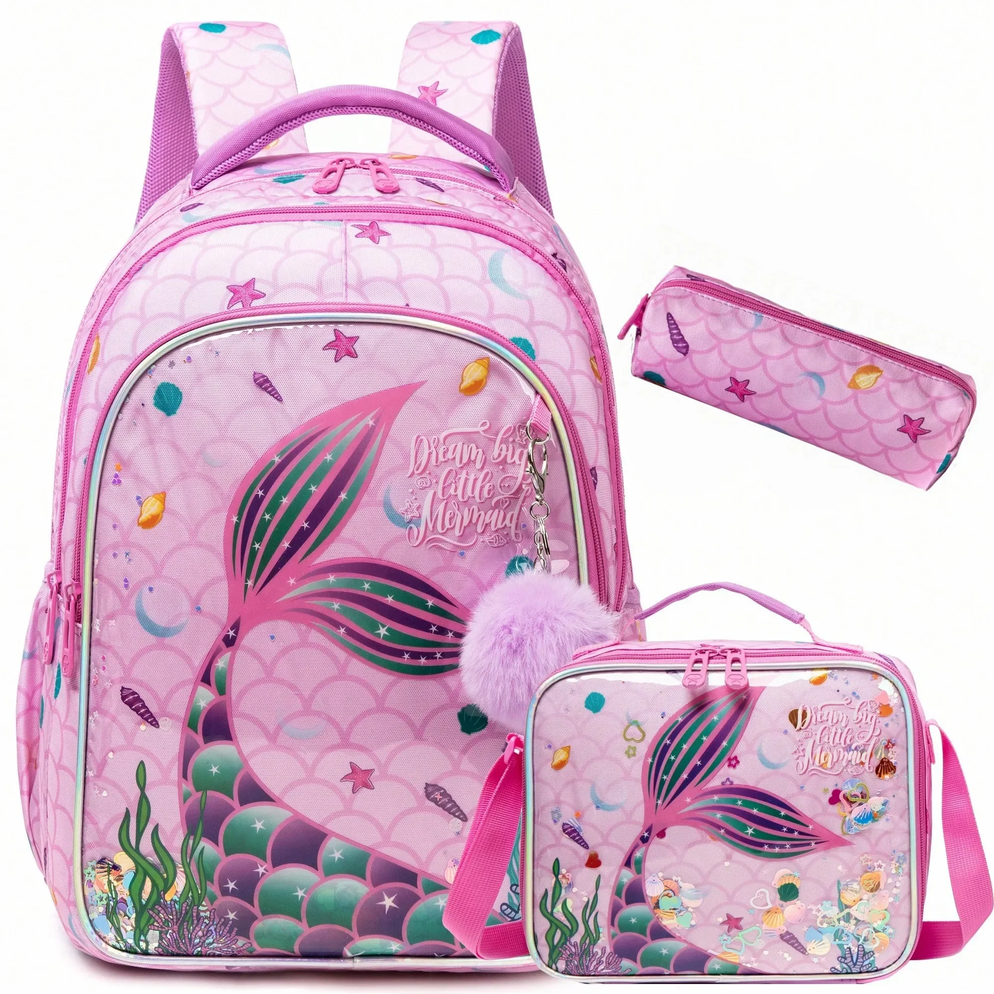 Bunnyfly Mermaid Backpack Set with Insulated Lunch Bag Lightweight School Bookbag for Elementary Students Kid's Back to School A