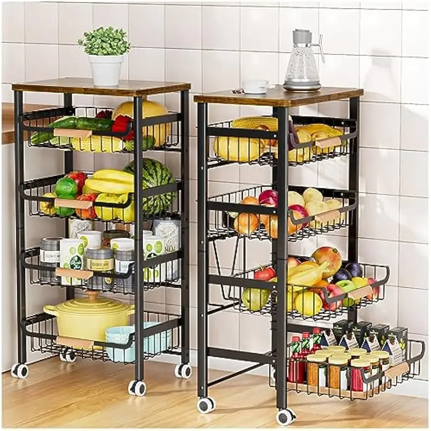 

Rolling Storage Cart with Wheels, Large Capacity Kitchen Cart, Mobile Utility Cart with Wooden Tabletop and Mesh Baskets