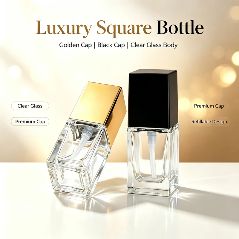 Empty Pump Bottle Glass Liquid Foundation Container Cosmetics 30ml Transparent Square Refillable Bottle Portable Pump Bottle