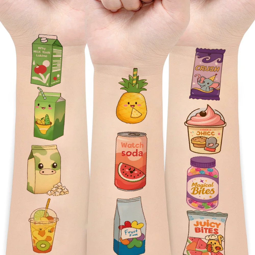 

63pcs Temporary Tattoo Cute Food Waterproof Long-lasting Body Stickers Cartoon Snacks Temporary Tattoo Stickers For Men Arms