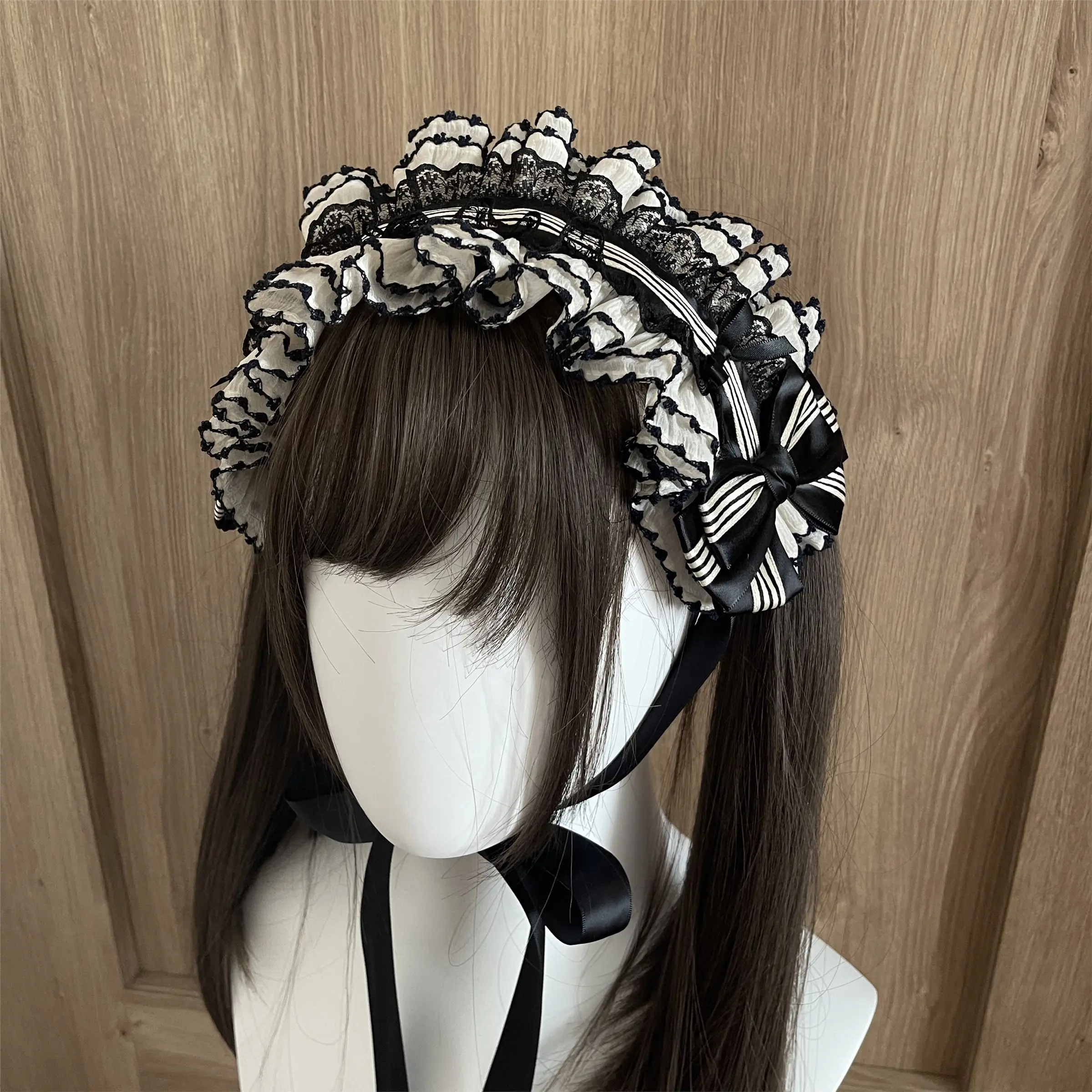 Original Lolita Black Beige Elegant striped Lace Bow Hand-made Hairband Sweet Lolita Accessories