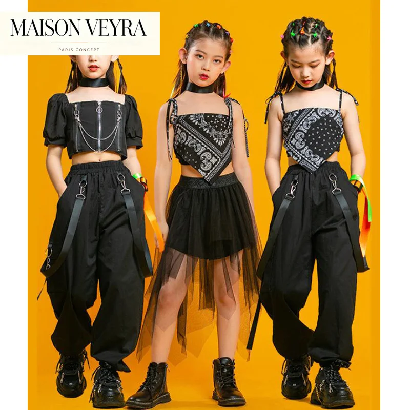 Kids Punk Hip Hop Clothing Square Neck Puff Sleeve Crop T Shirt Pleated Skirt Mesh Pant for Girls Jazz Dance Costume Set Clothes