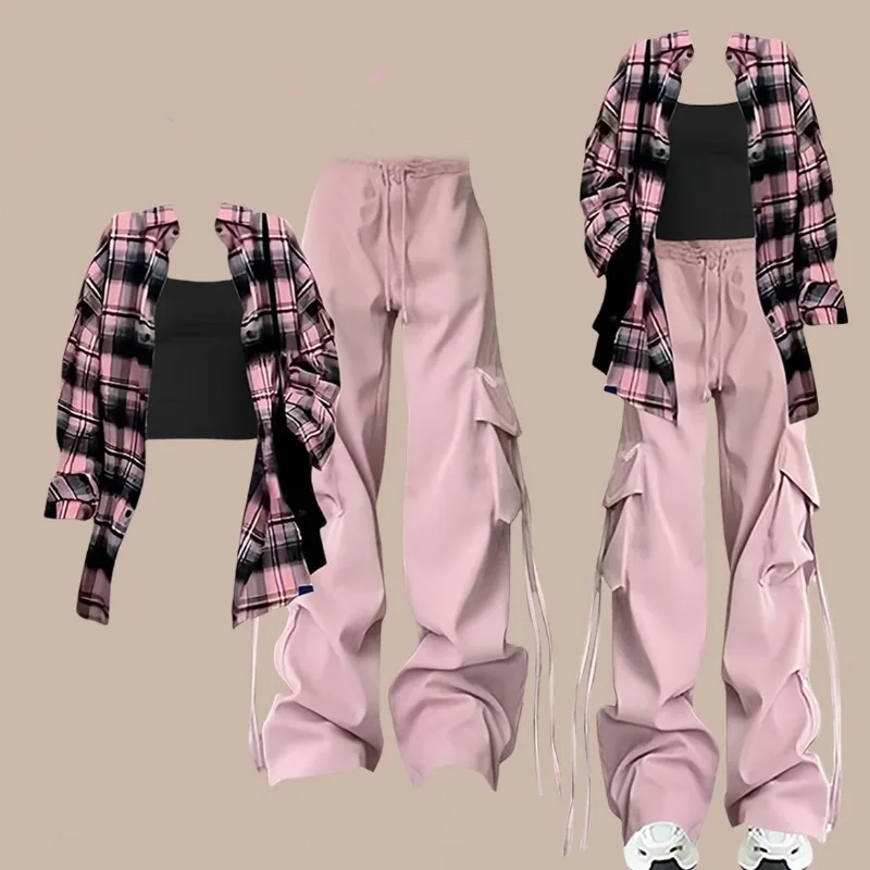 Women Spring Autumn Loose Plaid Shirts Vest Cargo Pants 3 Piece Set Lady Fashion Long Blouse Sling Pink Trousers Outfits 2024