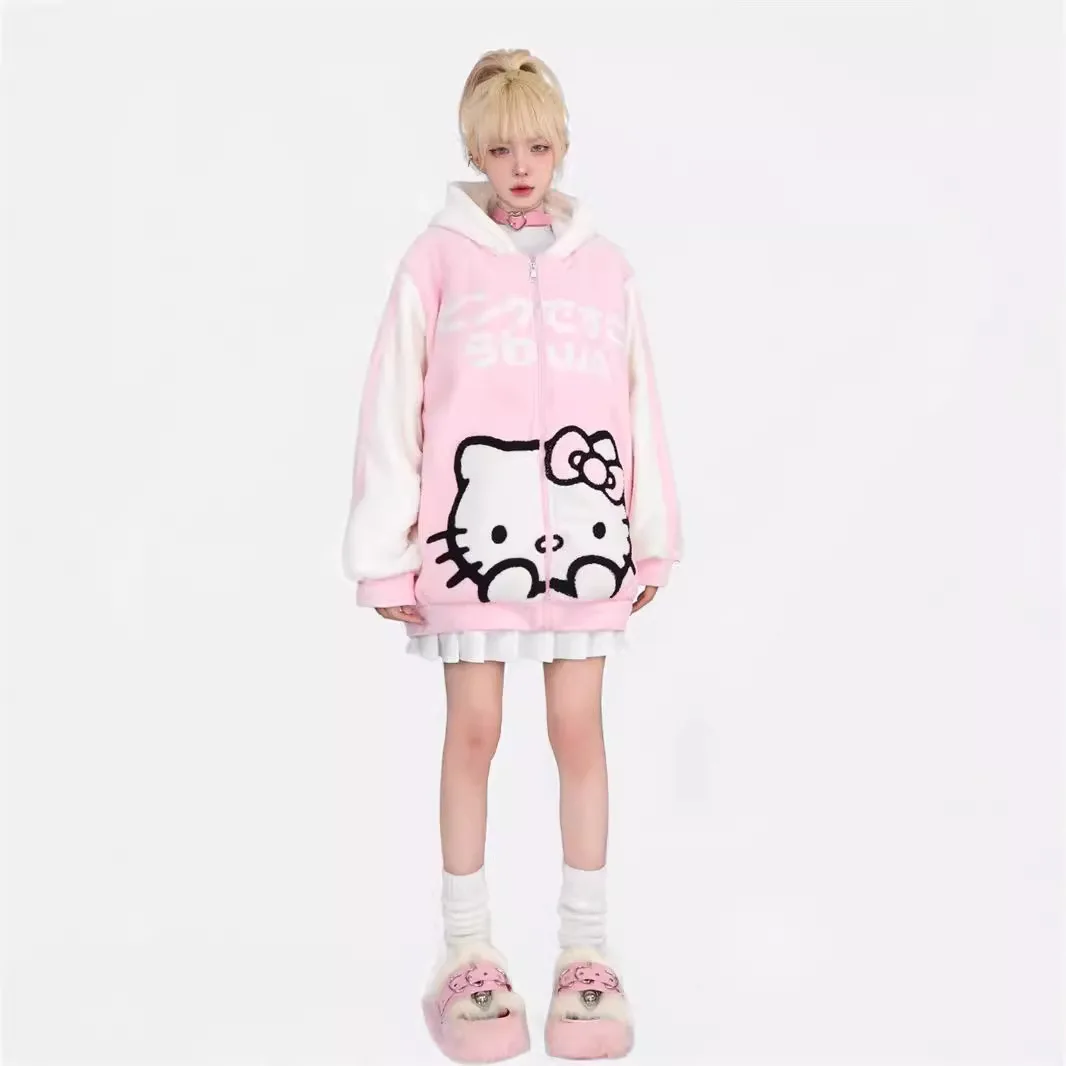 Simpatico dolce Hello Kitty nuovo caldo felpa in velluto con cappuccio cappotto Kawaii Cartoon autunno inverno cardigan oversize giacca esterna in