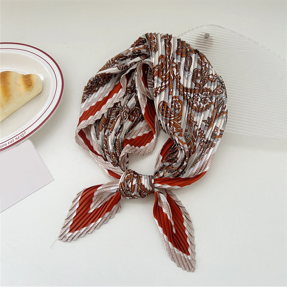 Square Scarf Silk Scarf Printed Headband Pleated Decor Women Neckerchief Hair Bands Elegant Neck Scarf Headscarf Bandana Party