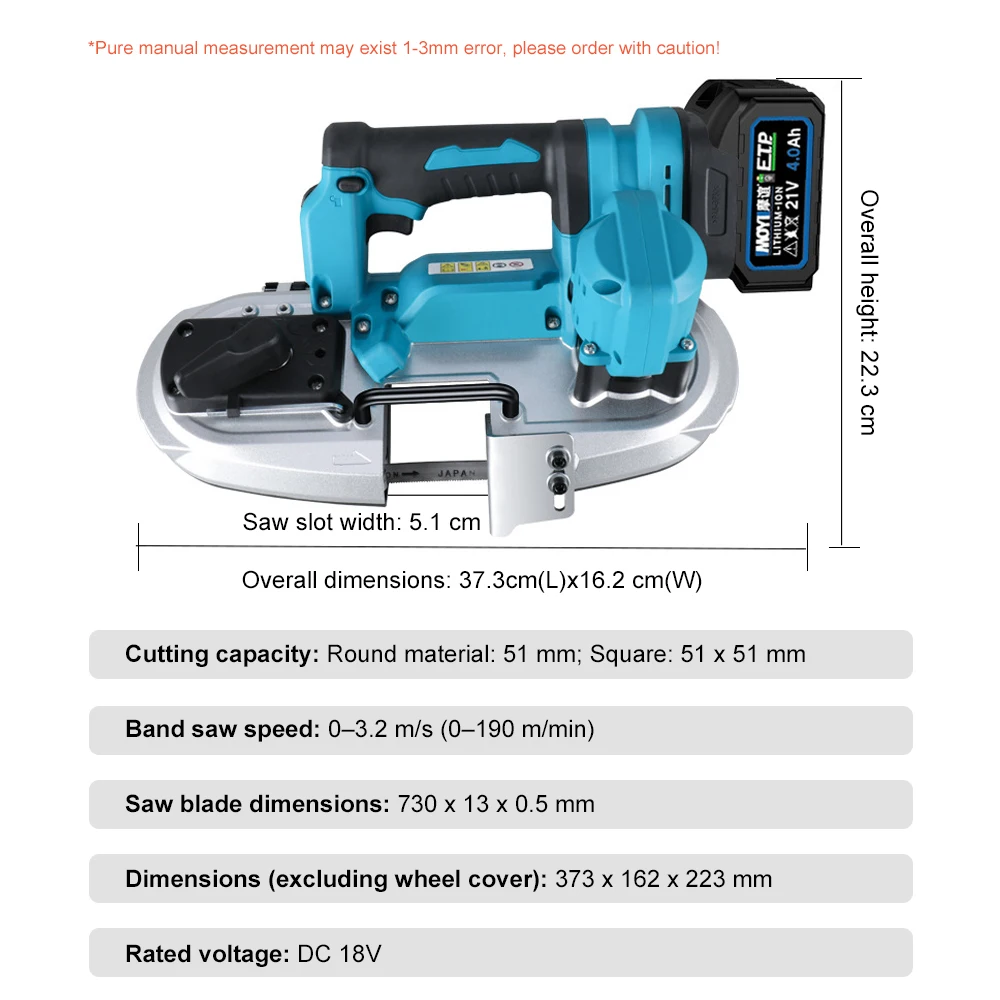 Electric Band Saw 21V Brushless Electric Saw Handheld Portable Lithium-ion Cordless Band Saw Cutting Tool for Cuts Metal Wood