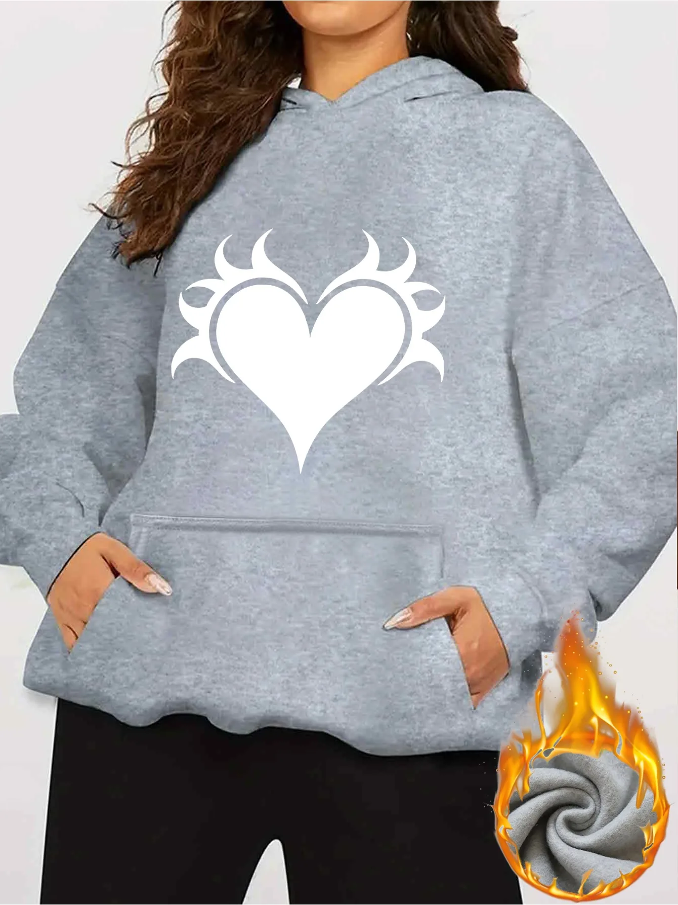 2025 Autumn and Winter Women's Flame Heart Print White Hoodie Pullover Casual Sports Print Fashion Personality Vintage Y2K Top