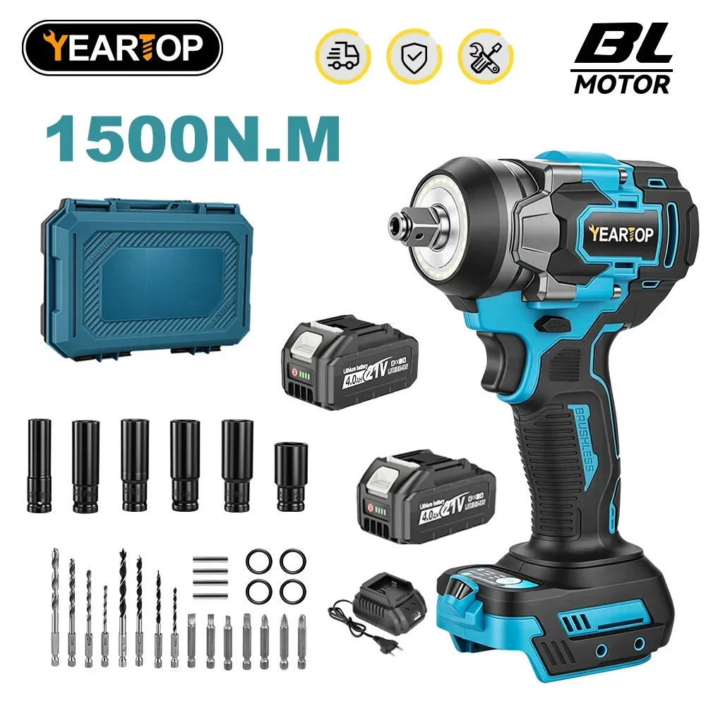 YEARTOP 1500N.M Chiave Elettrica Senza Spazzole, Chiave a Impatto a 5 Velocità, Cacciavite Elettrico per Auto, Trapano, Utensile Elettrico per Batteria Makita 18V