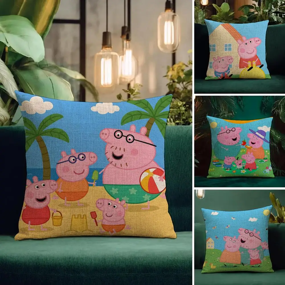 Cartoon Peppa Pig Cushion Cover Natural Linen Pillowcase Set Cushion Cover for Sofa Bedroom Chair