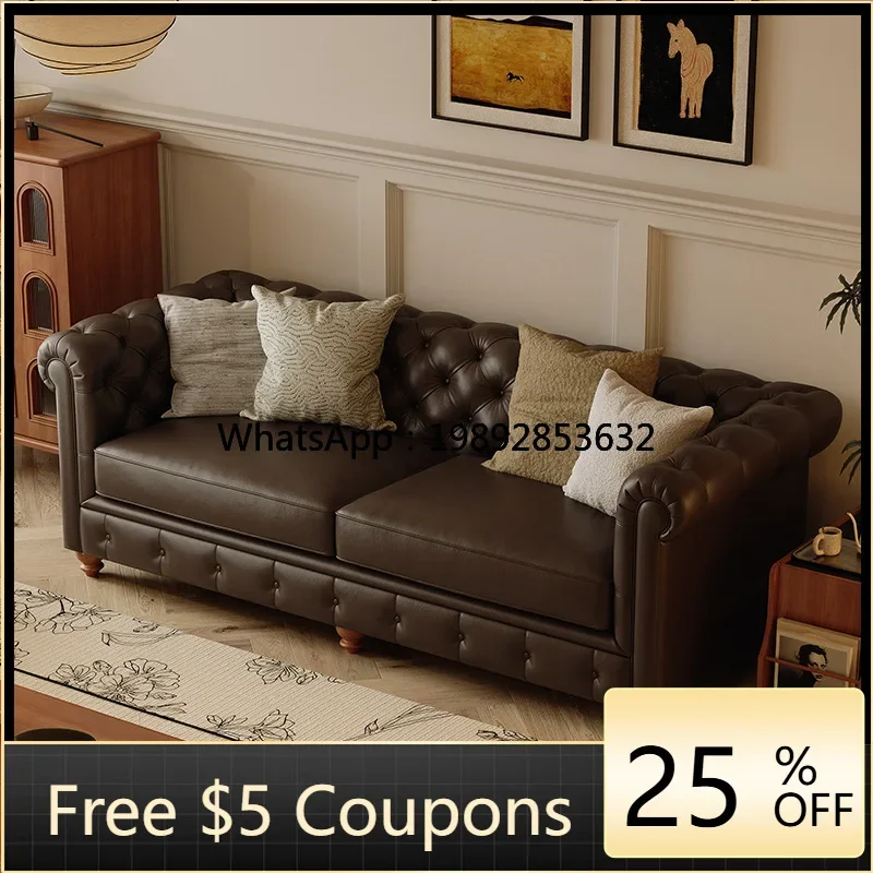 

A1 Retro Genuine Leather Sofa Luxury Leather Sofa Living Room Top Layer Cowhide Solid Wood Large Apartment Straight Row