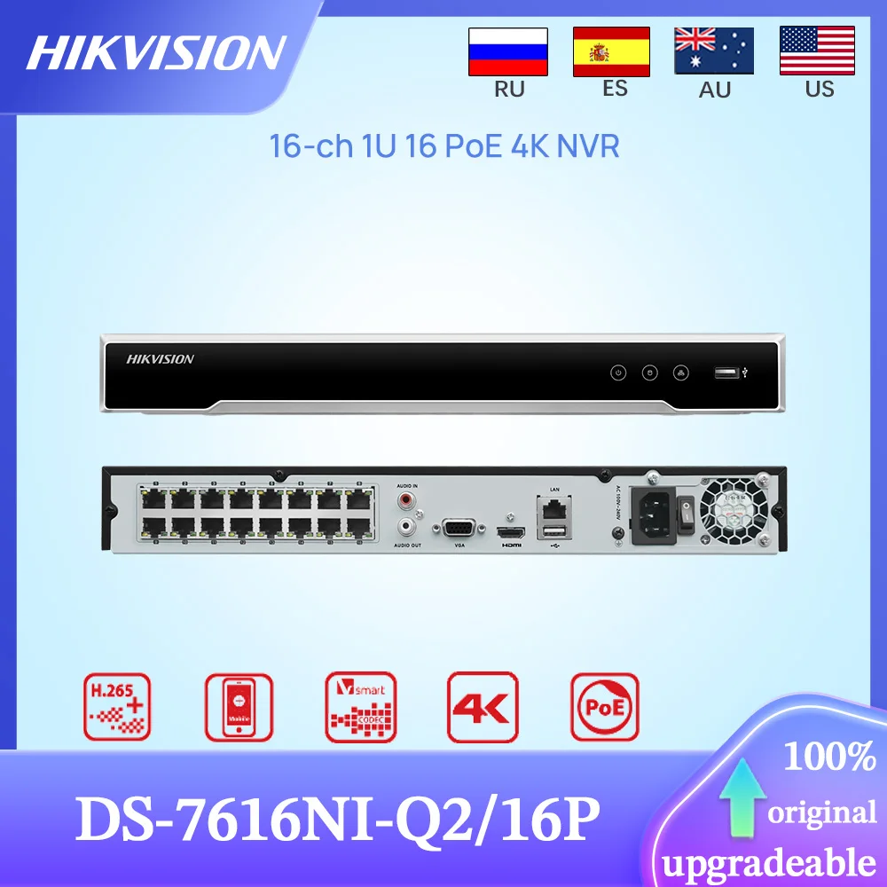 Hikvision-Enregistreur vidéo en réseau 4K d'origine, DS-7616NI-Q2/16P IER ch 1U 16PoE NVR pour caméra IP H.disparates + MD2.0 2 interfaces SATA 8 To