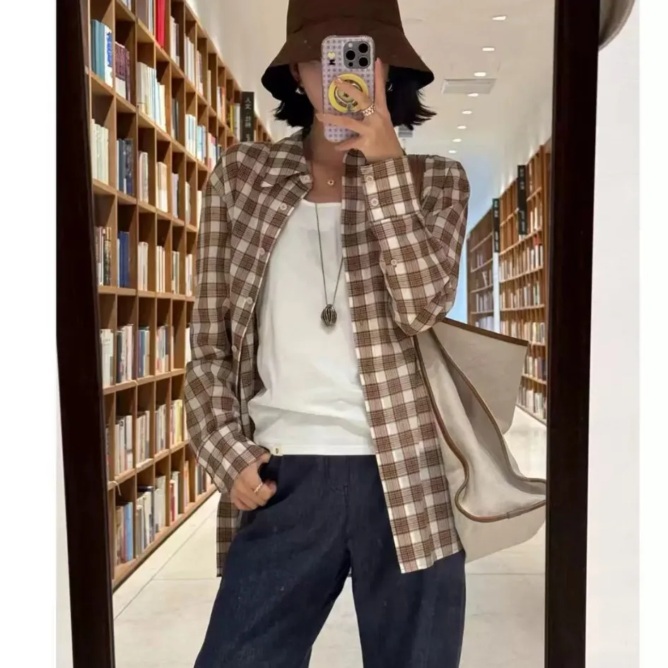 

Withered Summer New Retro Relaxed And Lazy Color Woven Cotton Loose Plaid Shirt Top Blouses Women's Clothes Shirts Tops