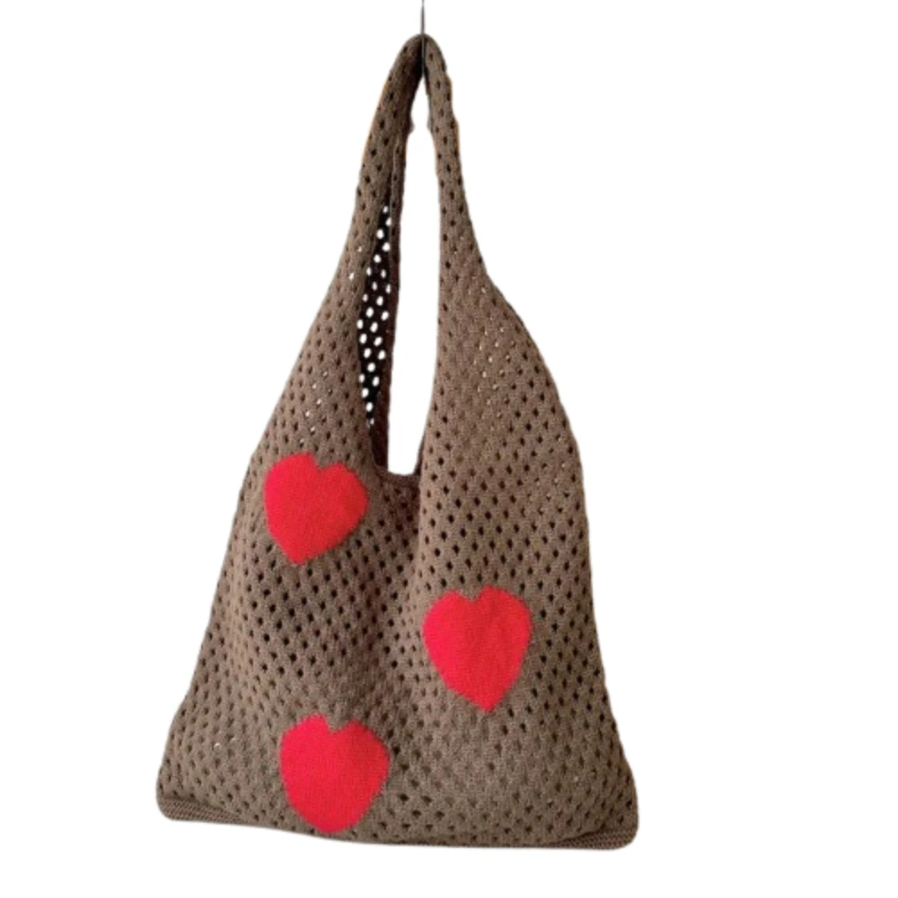 

Large Capacity Knitted Shoulder Bag Ins Style Love Heart Pattern Hollow Tote Bag Sweet Fashion Ladies Shopping Bag Picnic