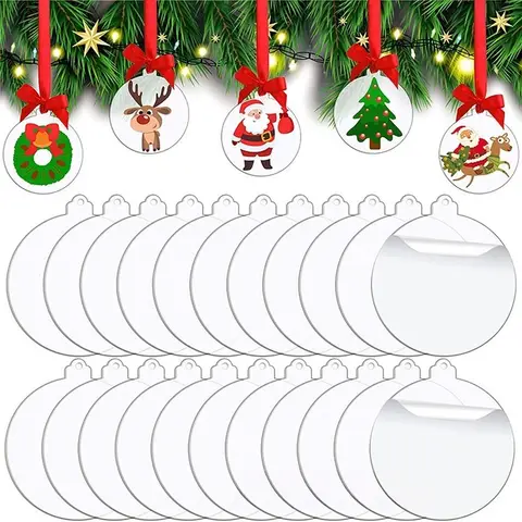 10/20/30PCS Clear Round Acrylic Christmas Ornament With Ribbon, 3 Inch, Xmas Bauble DIY,  Christmas Stocking Name Tag