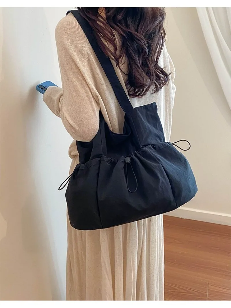 CEEKAY Solid Wrinkle Tragetasche mit Kordelzug, seitlicher elastischer Verschluss, breiter Stoffriemen, für Damen, Alltag, Schule, große lässige Schultertasche – Detail 24