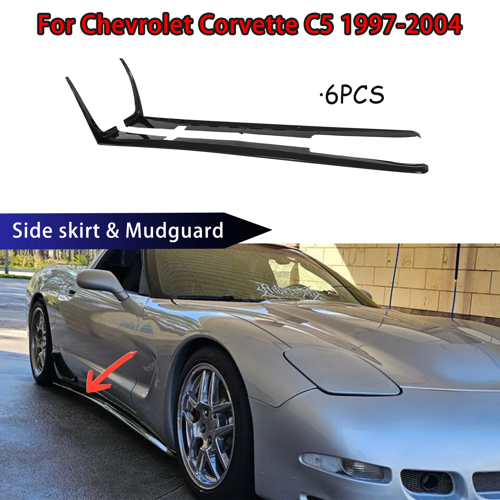 6PCS Car Side Skirt &Mudguard For Chevrolet Corvette C5 1997-2004 All Model Glossy Black Carbon Fiber Look Auto Accessories