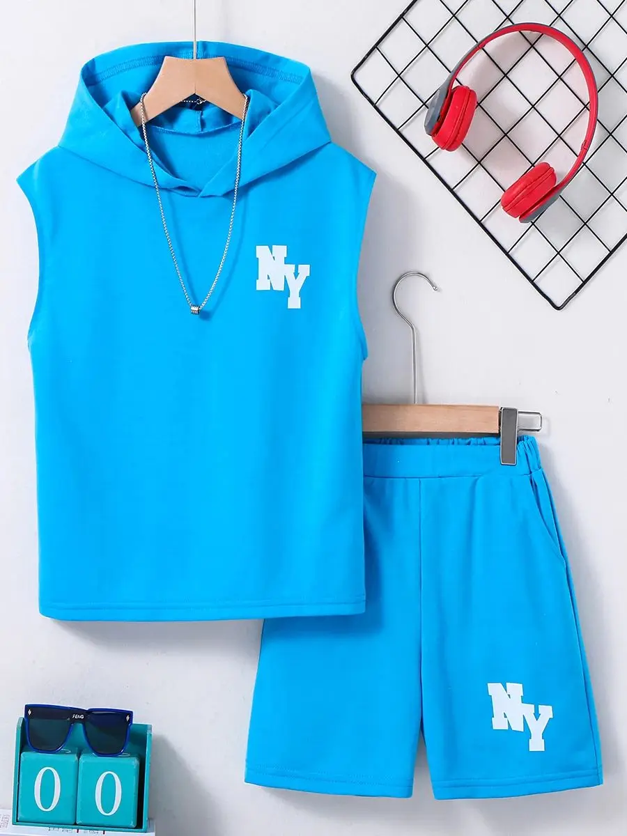 2-Piece Set of Fashionable Sleeveless Letters for Boys and Girls Ny Printed Sweatshirt Set with Breathable Shorts Suitable for Outdoor Wear Sports