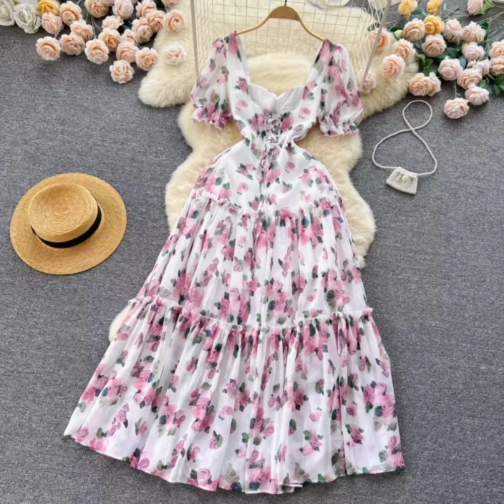 Retro  Print  Pleated  Elegant Square Neck Dress A-line Puff  Sleeve  Casual  High Waist Dress Women Summer