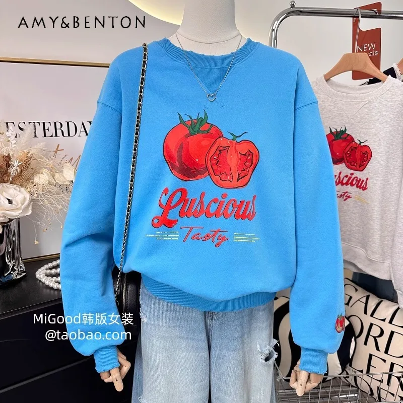 

Thin Velvet Blue Tomato Winter New Korean Style Y2k Hoodies Fashion Vintage Distressed Loose Oversized Pullover Sweatshirt Women