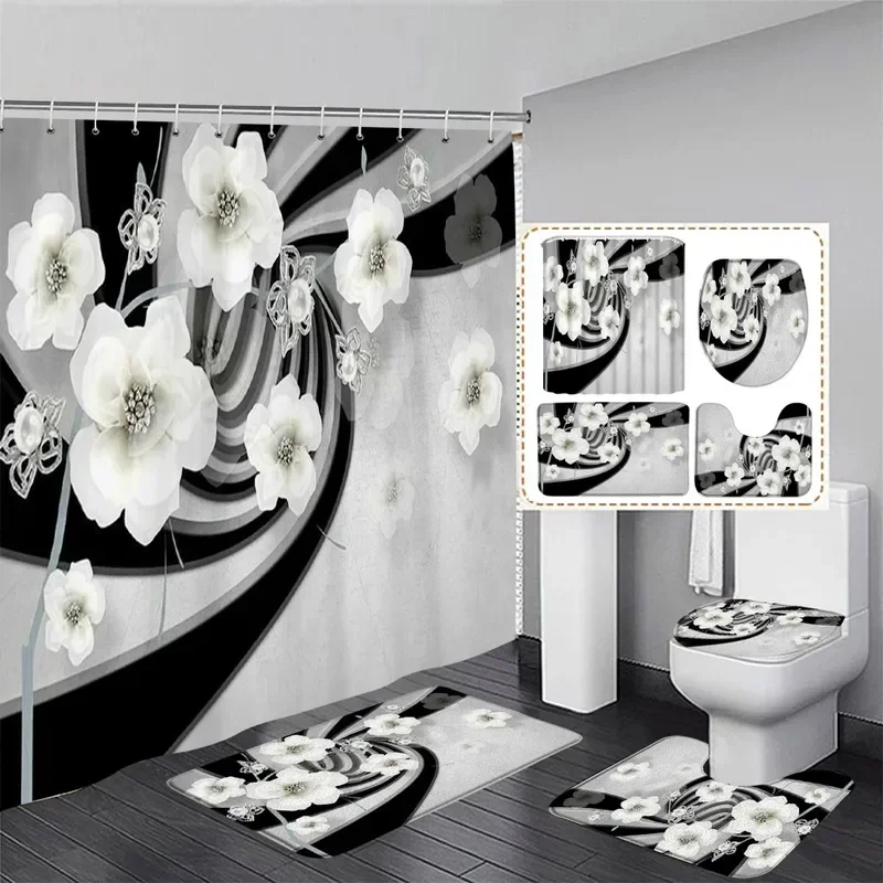 Fashion Pearl floral shower curtain set diamond Swan White stripe geometric woman home bathroom decor bath mats toilet lid cover