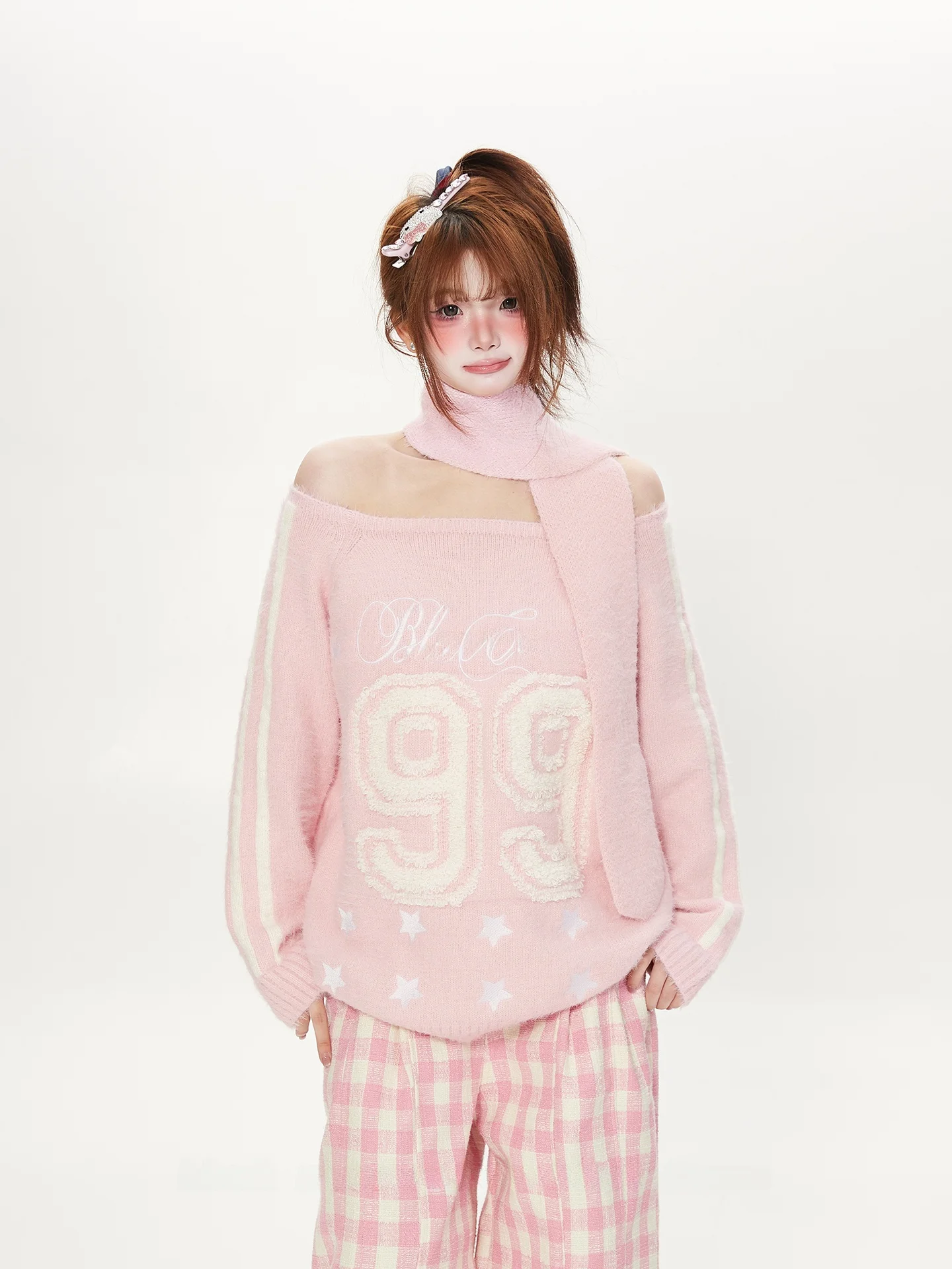 

Dopne Pink Towel Embroidered Star One oulder Knitted Sweater Women Spring Autumn Scarf oulder Pure Desire Knit...