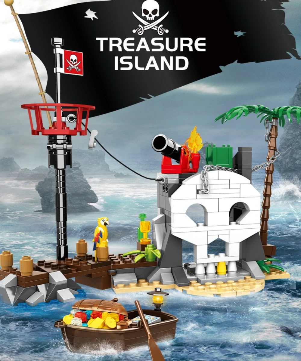 MOC 해골문섬 해적선 배 섬 확장 블록 세트 해변 보물 장난감 어린이 생일 휴일 선물