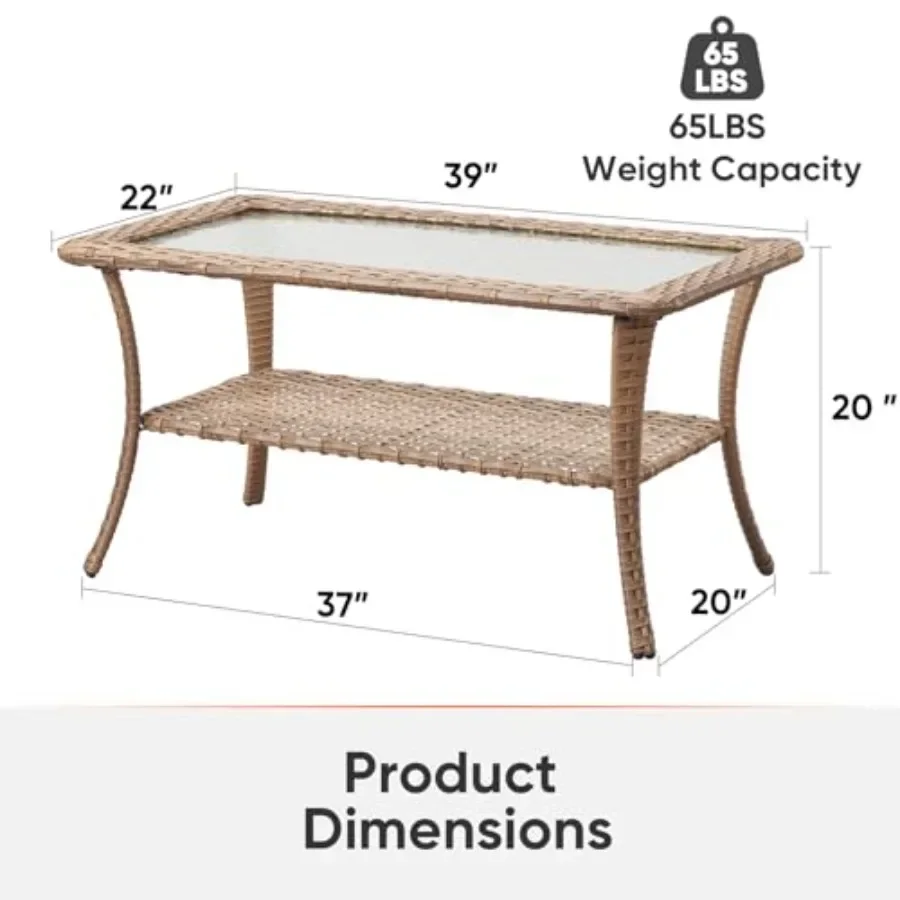 Outdoor Coffee Table - Patio Rattan Wicker Coffee Table with Tempered Glass Top and 2-Tier Storage for Deck, Porch, Balcony, Ga
