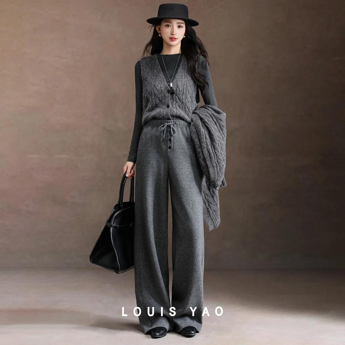 LOUIS YAO Women's Thick Knitted Straight Leg Pants 2025 Autumn Commuting Vertical Feel Drawstring Rubber Waist Casual Pants