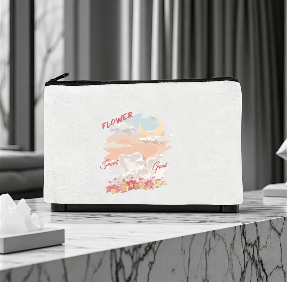 1PC Sweet Good Flower Moon Cloud Landscape Print Canvas Cosmetic Bag Zipper Makeup Storage Pouch