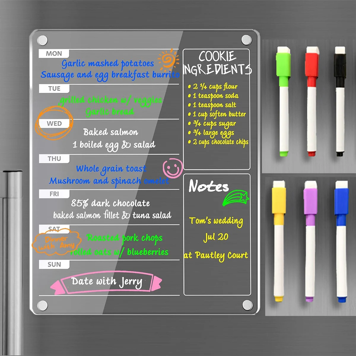 Acrylic Magnetic Weekly Menu Board for Kitchen,Acrylic Magnetic Dry Erase Board for Fridge,Reusable Meal Planner with 6 Color Ma