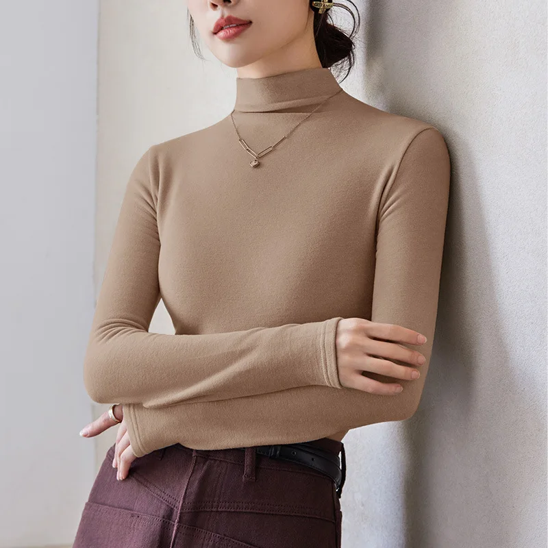 Women's T-Shirts Korea Stylish Full Sleeve Thick Warm Blouse Autumn Winter Undershirt Basic Layer Tops Slim Female Outwear C5823 image 4