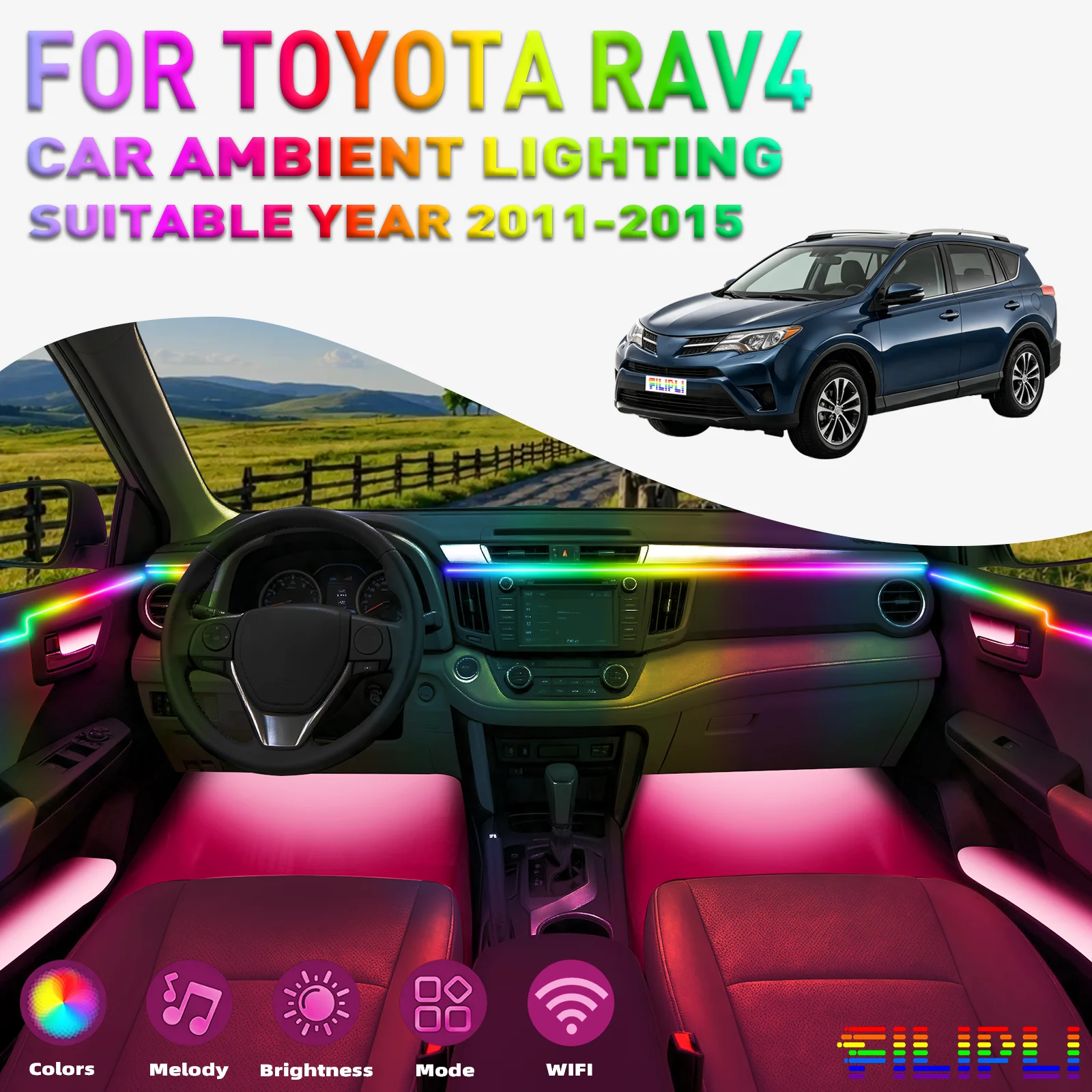 For TOYOTA RAV4 2011-2015 CAR AMBIENT LIGHTING colorful 6 Lights Kit 256 Colors Iridescent 6 in 1 LED Interior Hidden Acrylic Strip Symphony Atmosphere Lamp Neon Acrylic Light Strip Lighting and Decorative Lamps Long Standby Car Decorative Light
