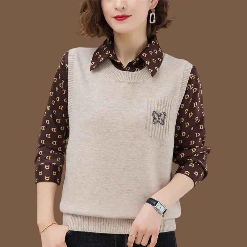 Stylish Lapel Spliced Knitted Diamonds Fake Two Pieces Blouse Women's Clothing 2022 Autumn New Casual Pullovers Korean Shirt