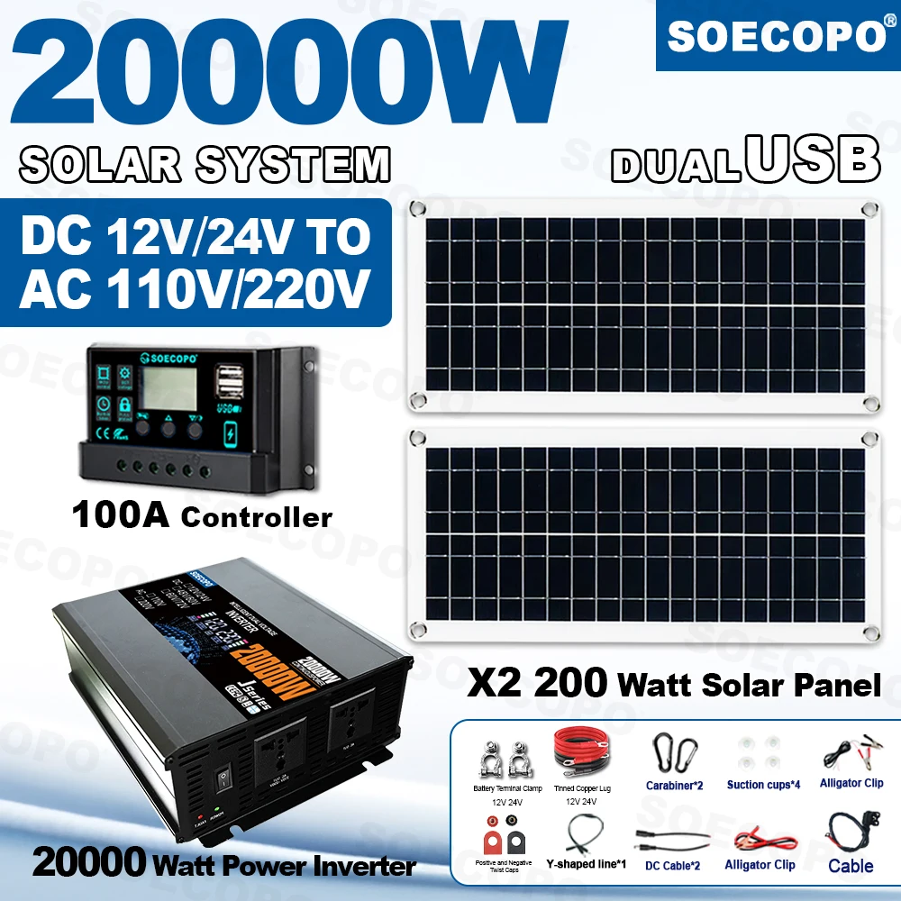 

SOECOPO 20000W Solar System Kit 2*200W Photovoltaic Panels 12V 24V To 220V/110V Inverter Socket 100A Controller for Camping Home